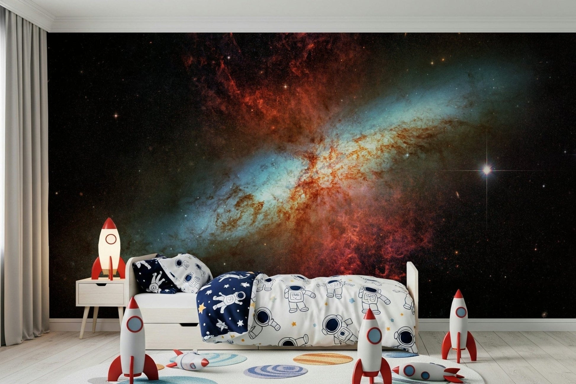Cosmic theme wall mural with deep indigo and purple tones.