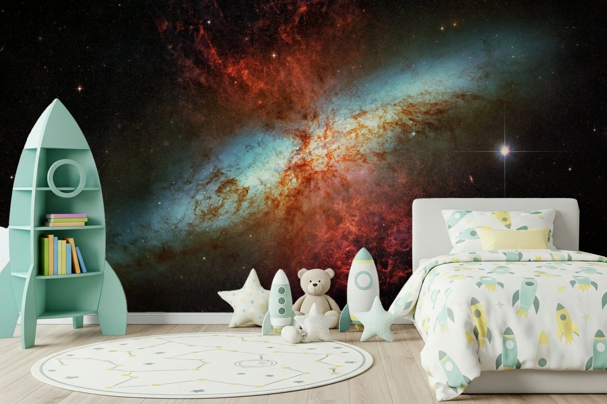 Modern astronomical wallpaper for a home office feature wall.