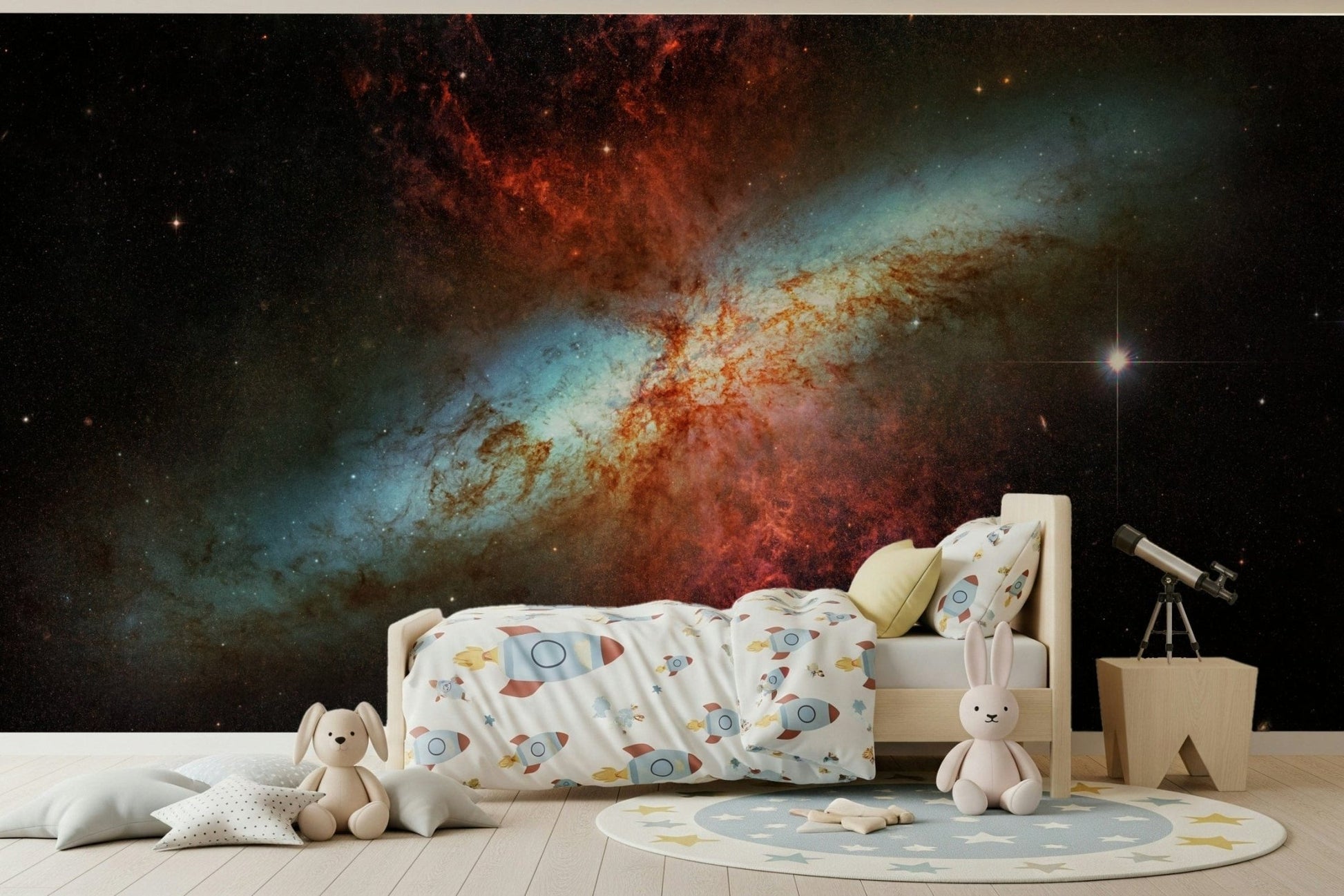 Celestial wallpaper with gold stars for a bedroom feature wall.