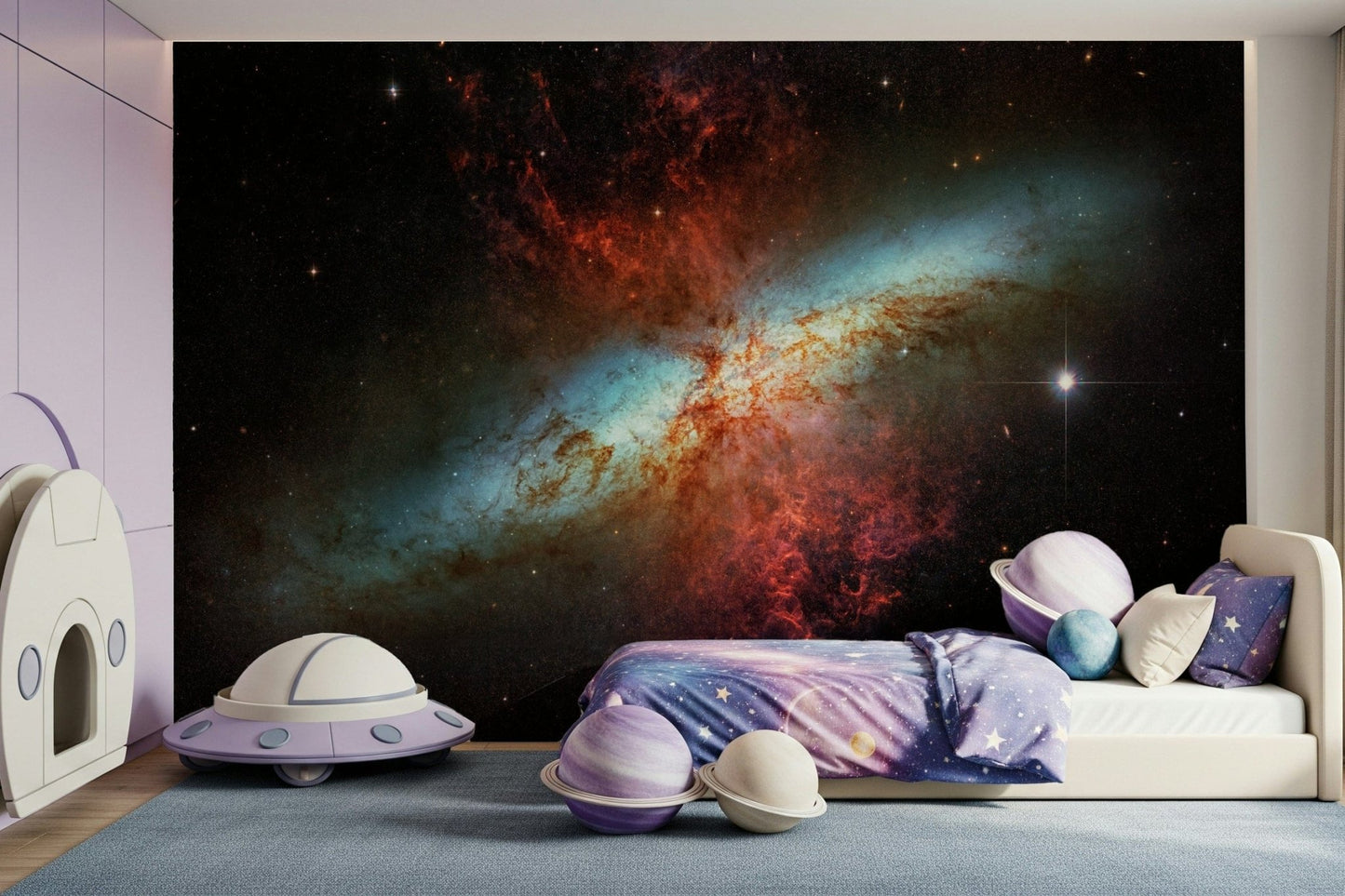 Stardust Symphony wallpaper behind a velvet sofa in a lounge.