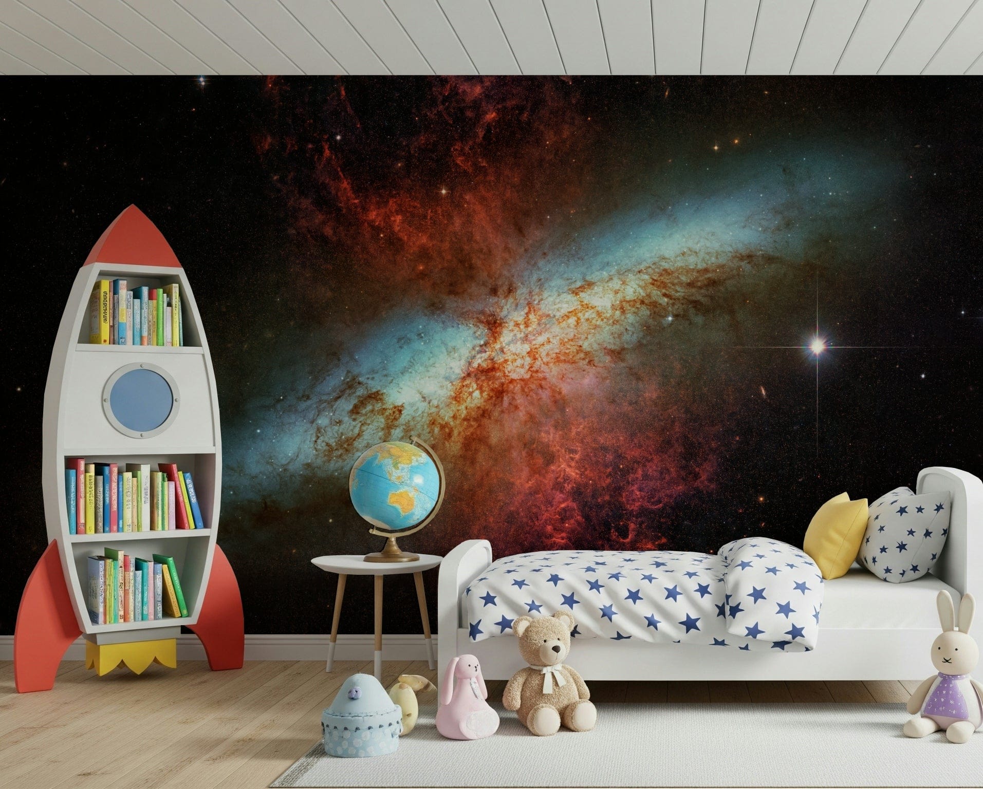 Navy blue galaxy wall mural in a contemporary study.