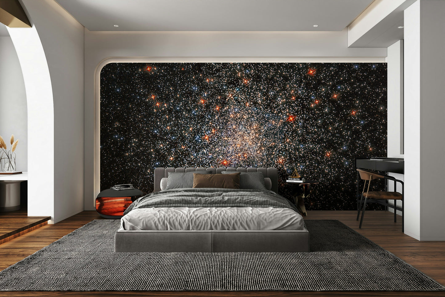 The colors are soft, muted tones of blue, black, and white.

