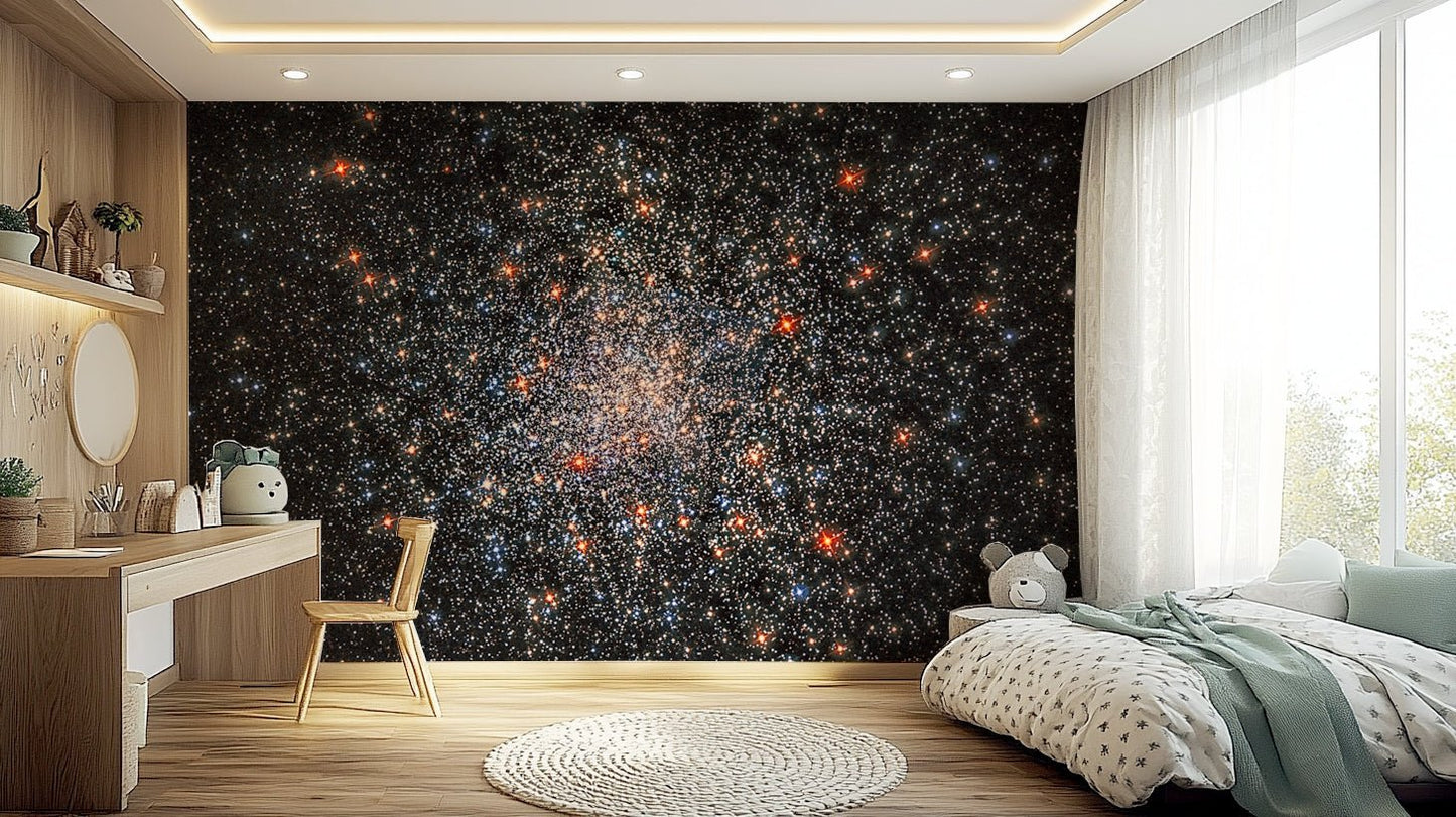 A wall mural of a night sky with stars.

