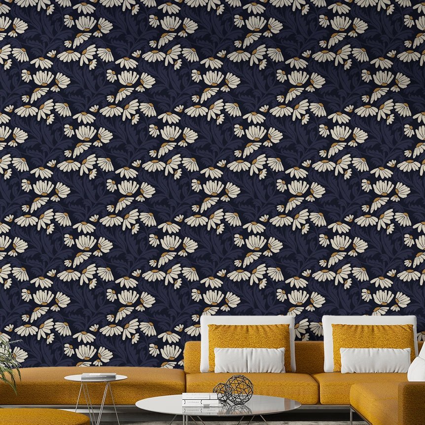 Modern floral wallpaper featuring starlight and daisies

