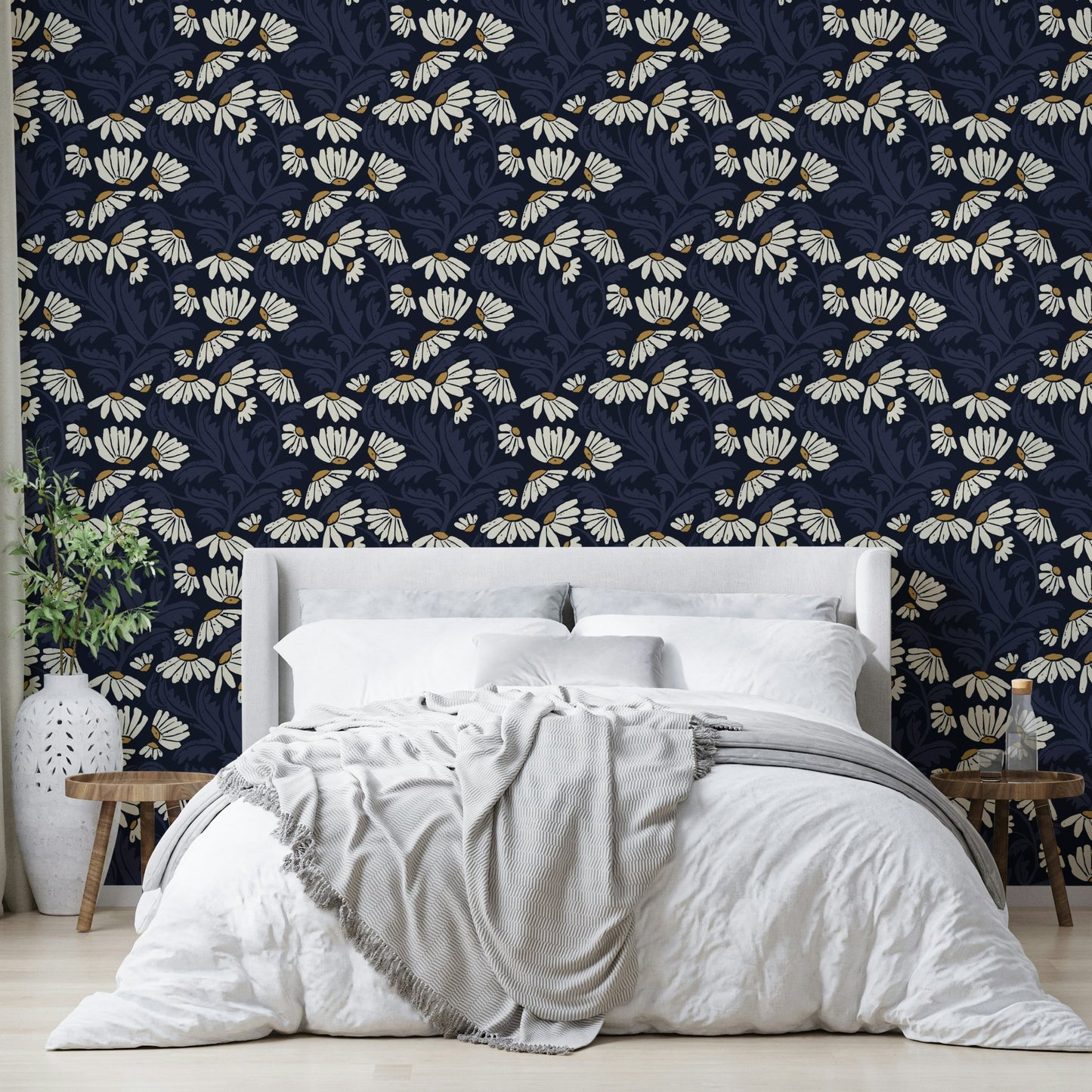 Starlight themed daisy wallpaper in a bright living room