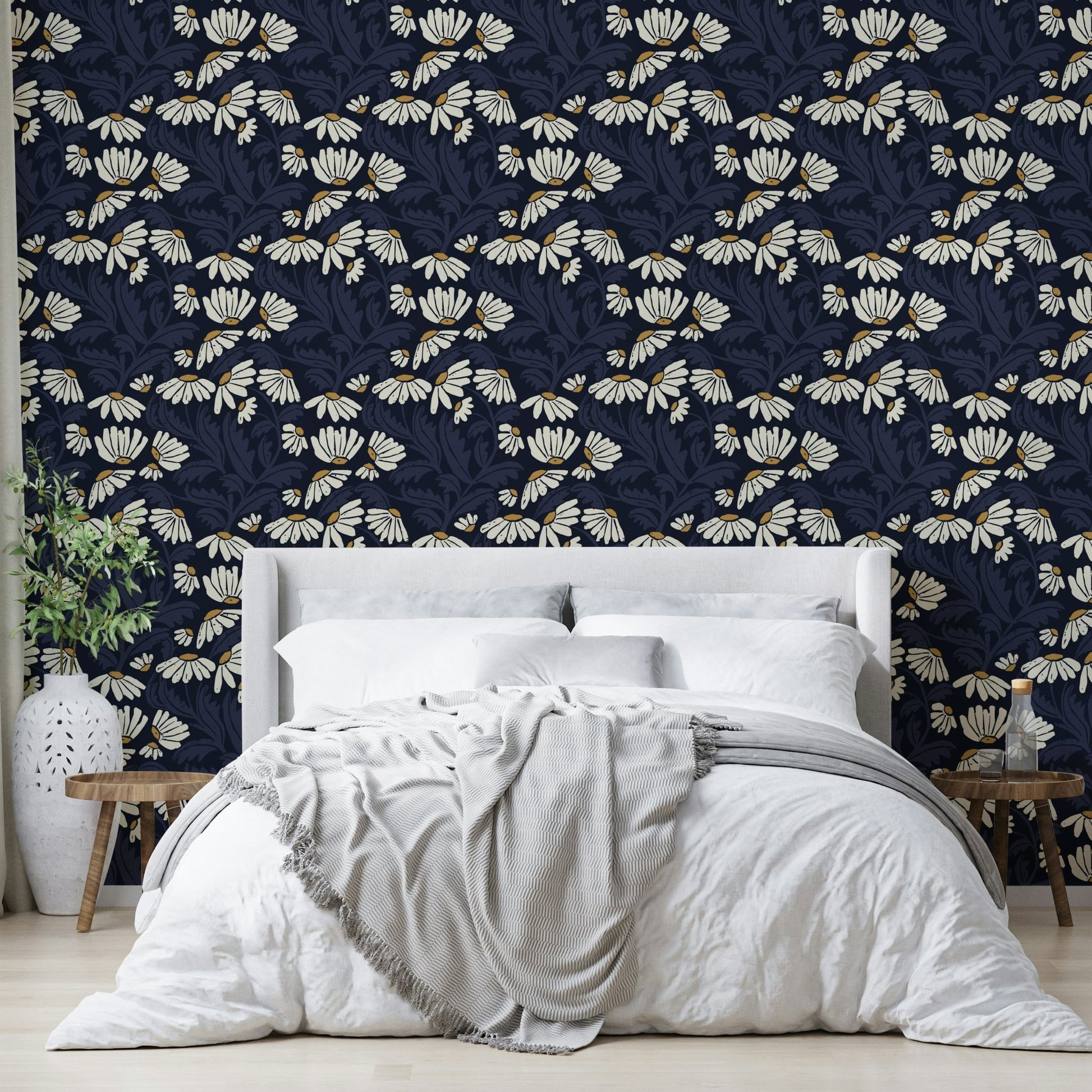 Starlight themed daisy wallpaper in a bright living room