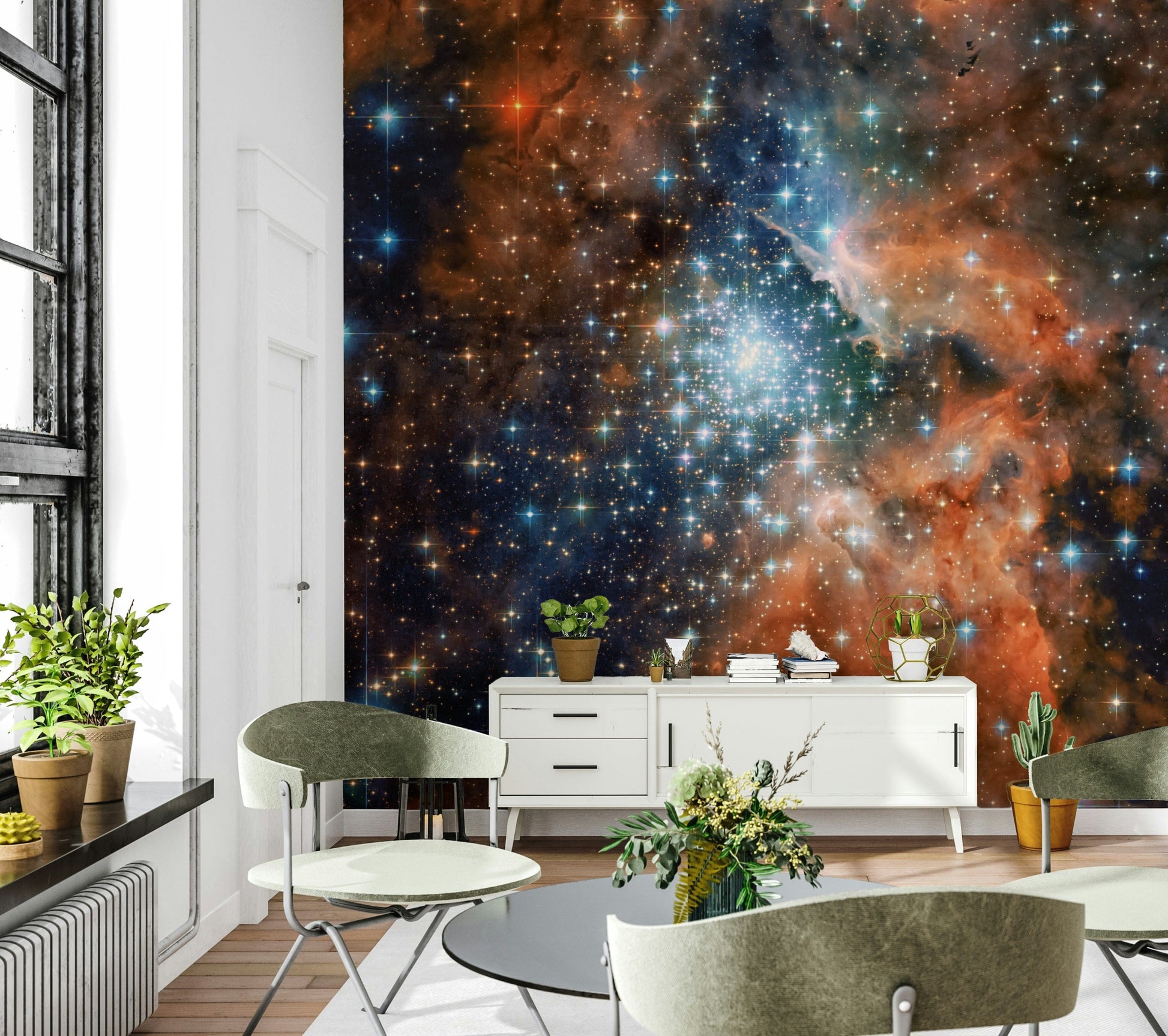 Dark blue starry sky wallpaper mural for an office feature wall