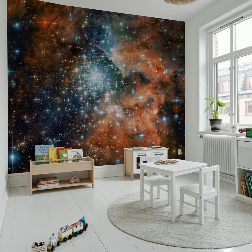 Minimalist lounge with glowing star wallpaper mural Starlight Vista Wall Mural