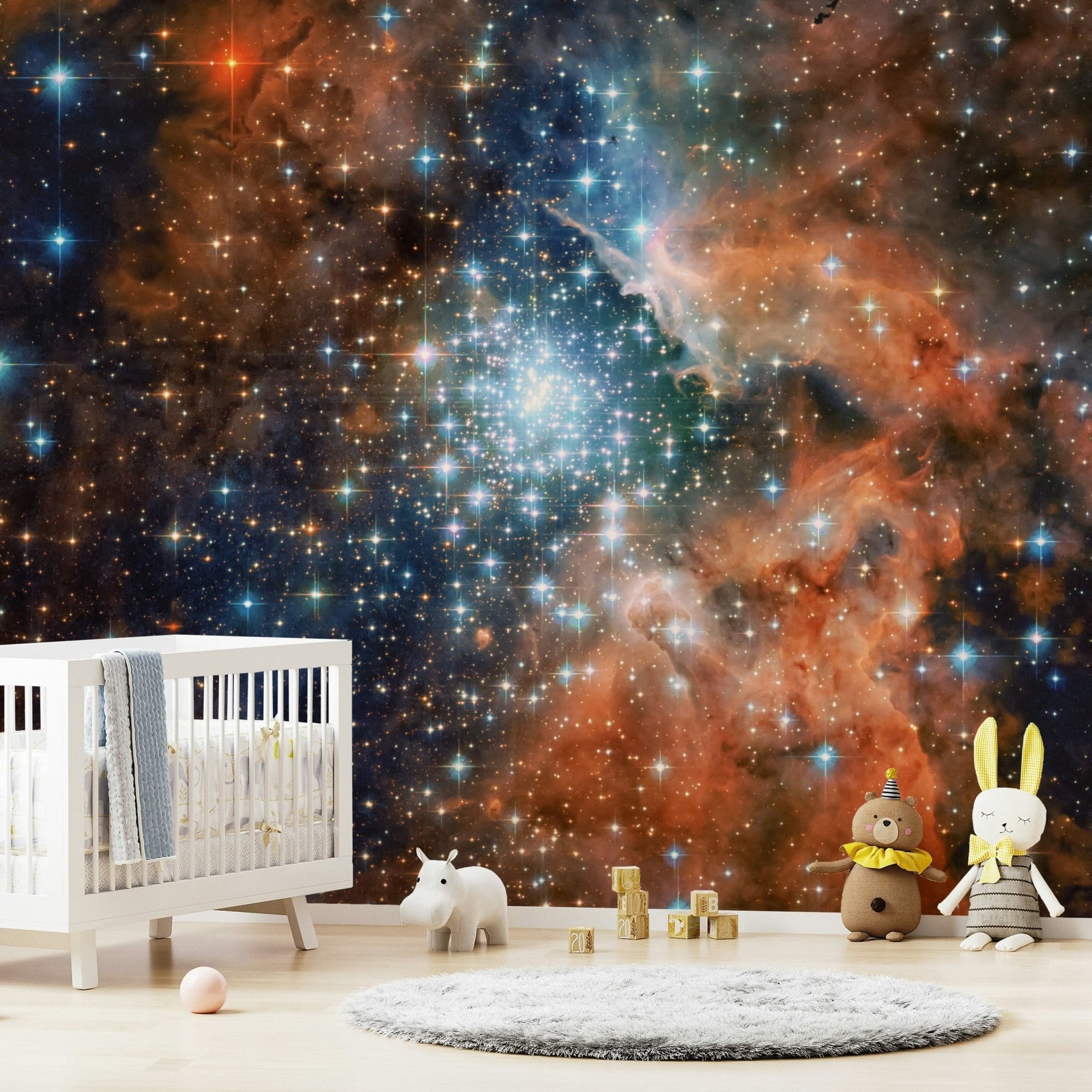 Modern living room featuring deep blue cosmos wallpaper mural Starlight Vista Wall Mural, GD7656