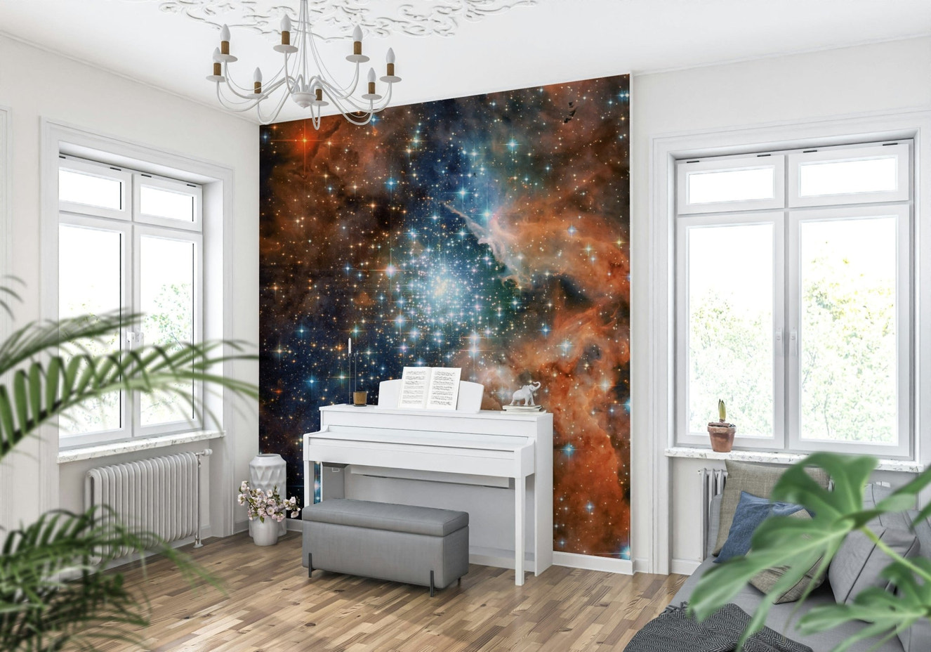 Starlight Vista Wall Mural in a quiet bedroom with navy galaxy wallpaper mural