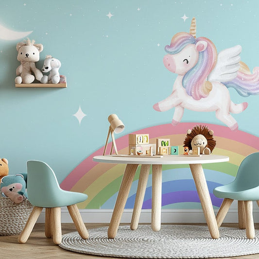 Whimsical unicorn wallpaper mural under a starlit rainbow., B886