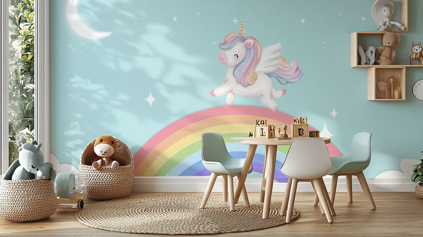 Starlit rainbow unicorn wallpaper mural for magical walls., B886