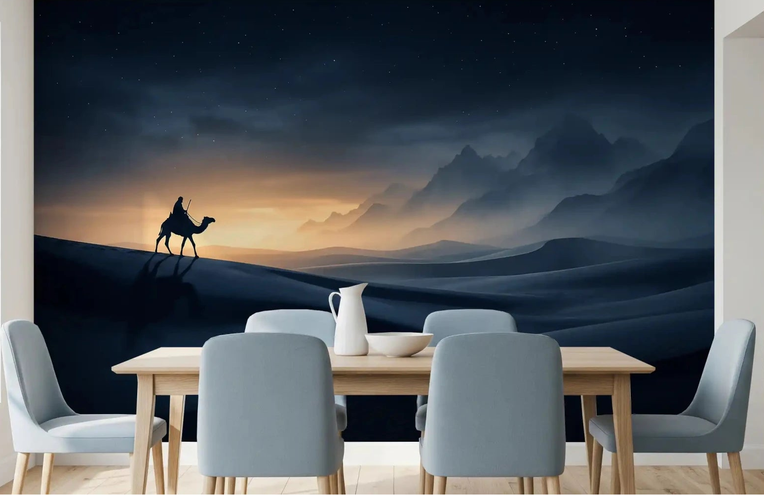Faint starlight spreads across a calm dining room through this dune odyssey wall mural.GD9591