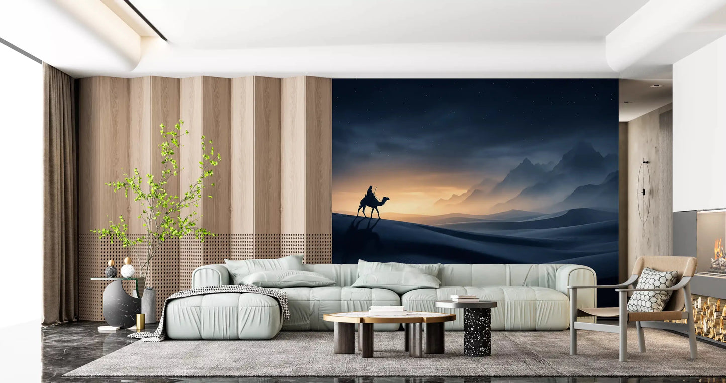 A solitary camel rider faces a warm horizon in this starry dune wall mural. GD9591