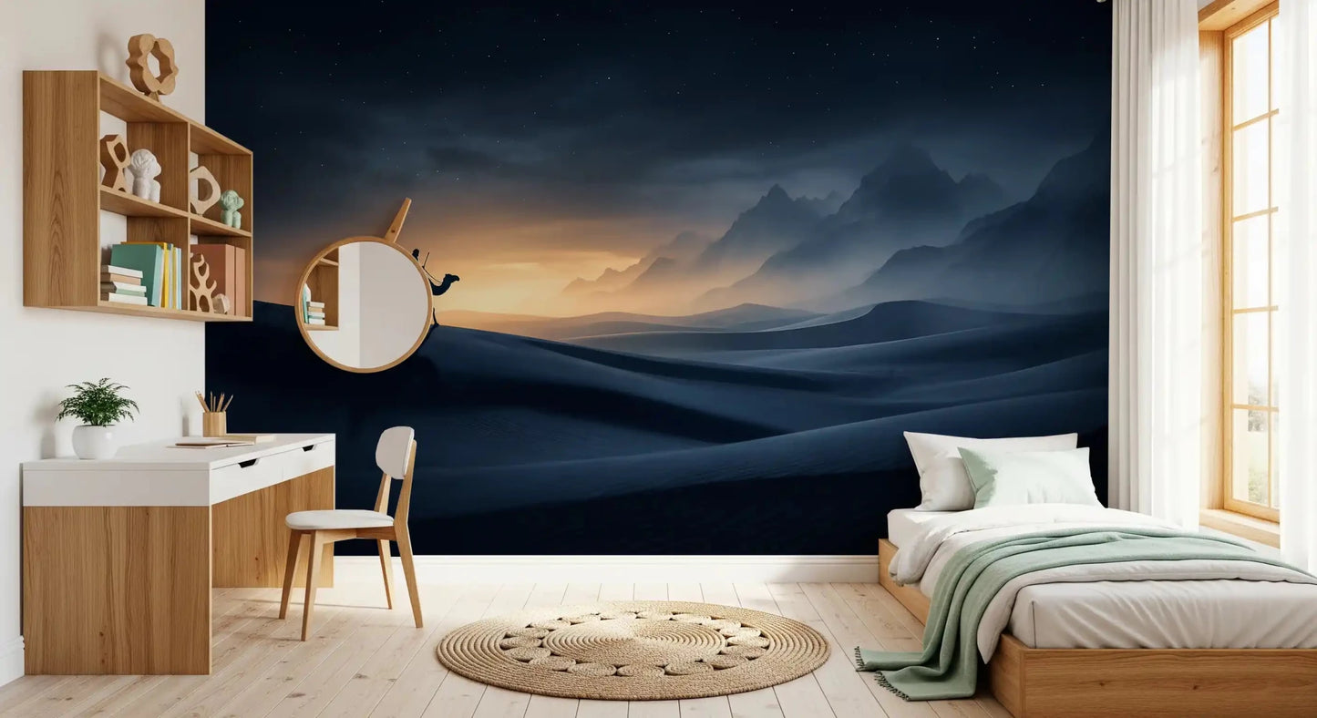 Quiet bedrooms benefit from the dramatic mood of this lone camel wall mural.GD9591