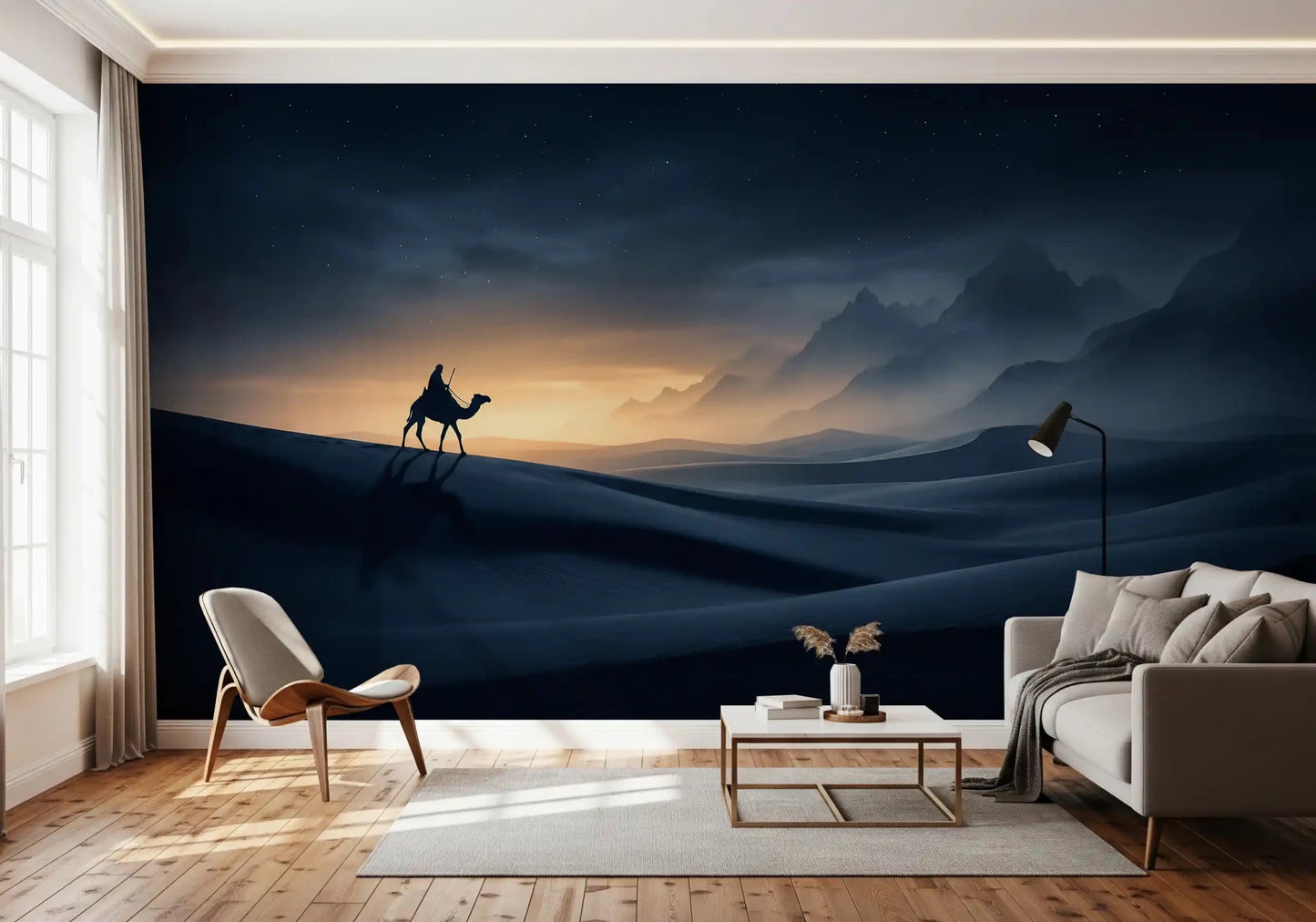 From a relaxed living room, this starry dune wall mural feels like a quiet film moment.GD9591