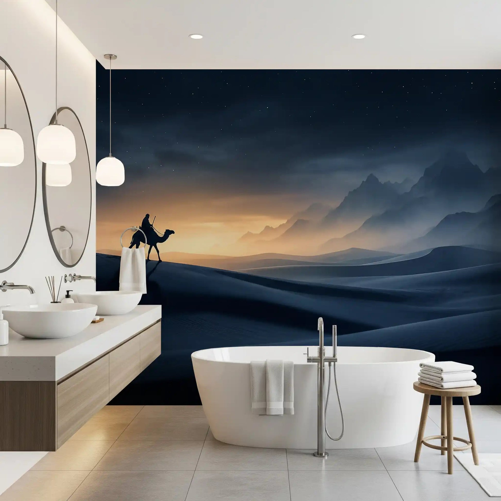 Cool indigo light wraps a calm bathroom through this lone rider wall mural.GD9591