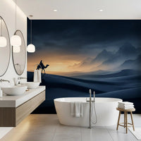 Cool indigo light wraps a calm bathroom through this lone rider wall mural.GD9591