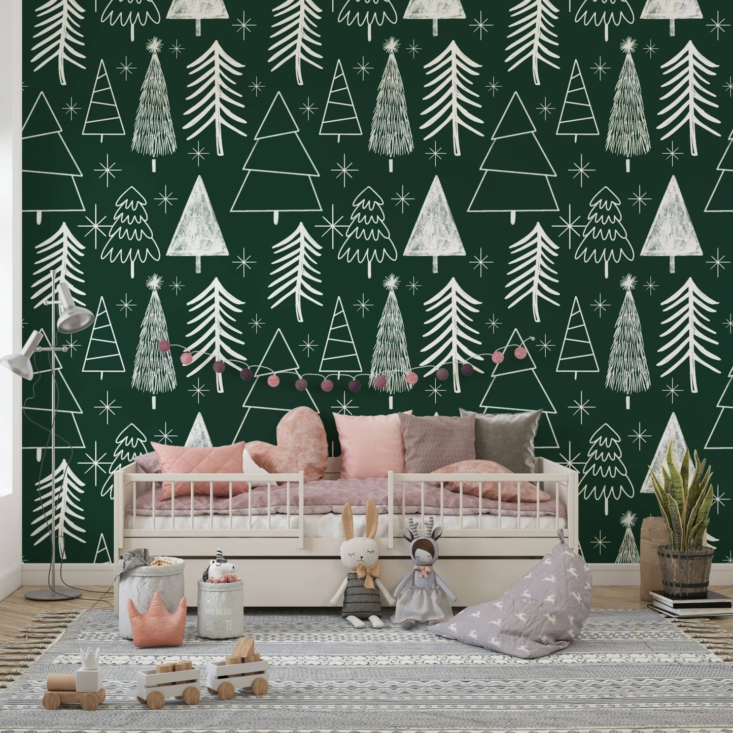 Starry Evergreen pattern featuring various unique Christmas tree shapes.