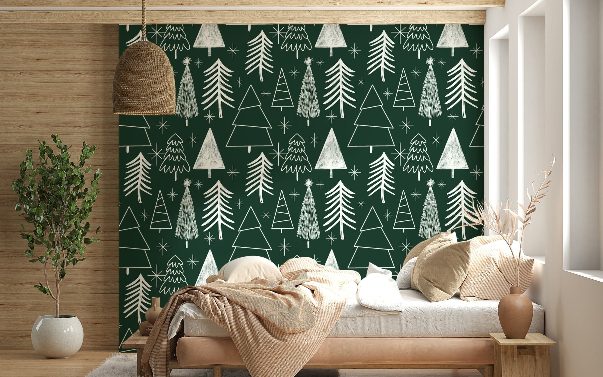 White sketched pines on Starry Evergreen $\text{wallpaper for walls}$ surface., GD6553