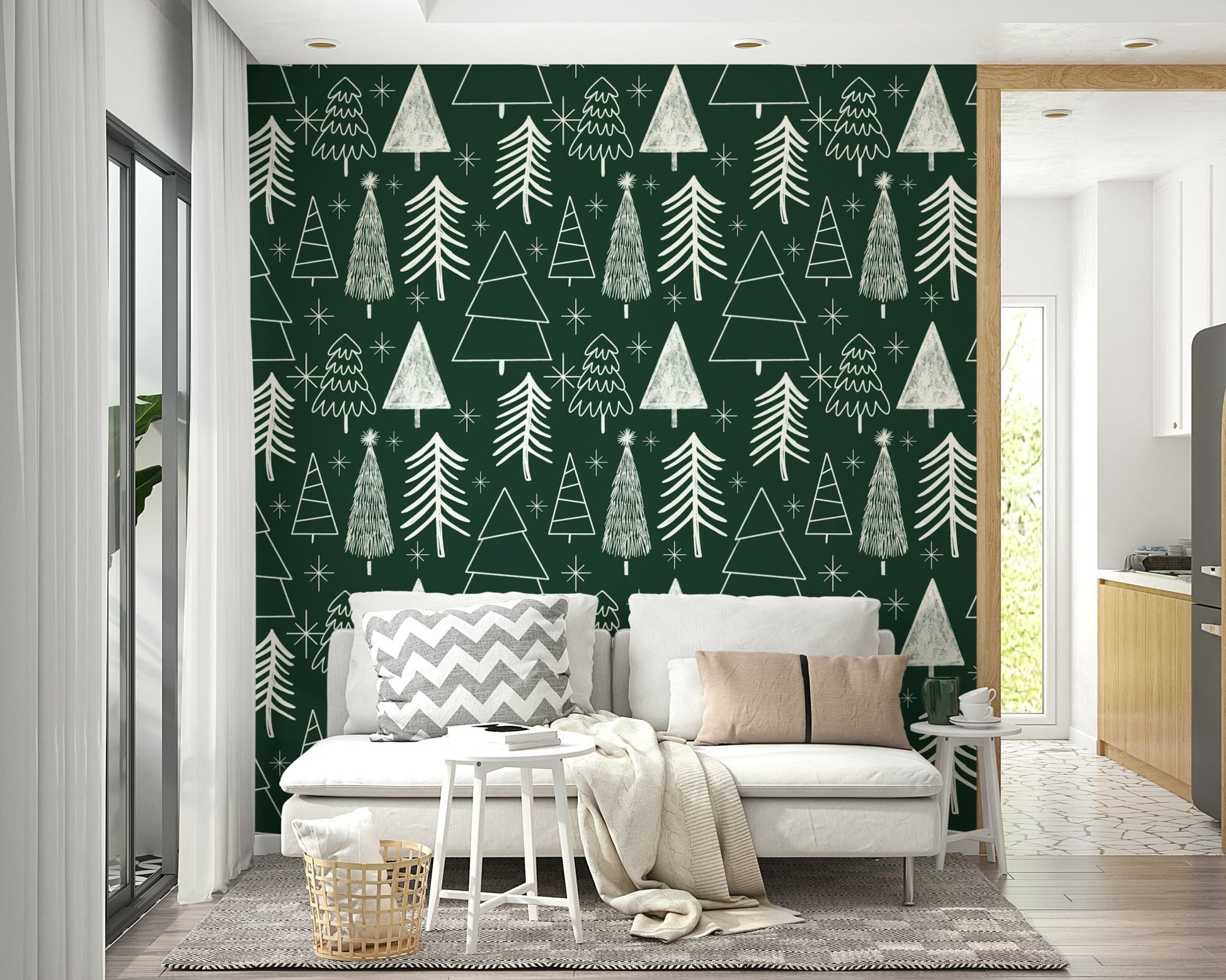 Starry Evergreen peel and stick wallpaper minimal Christmas forest design.