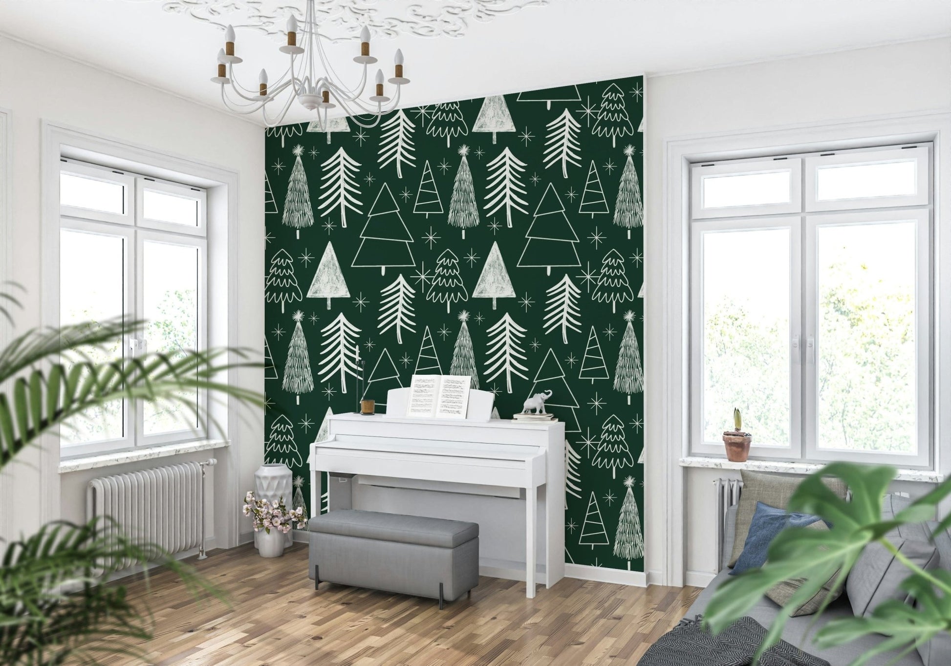 Whimsical Starry Evergreen motif, a charming winter design pattern.