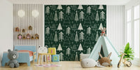 Simple white lines create a festive Starry Evergreen peel and stick wallpaper.