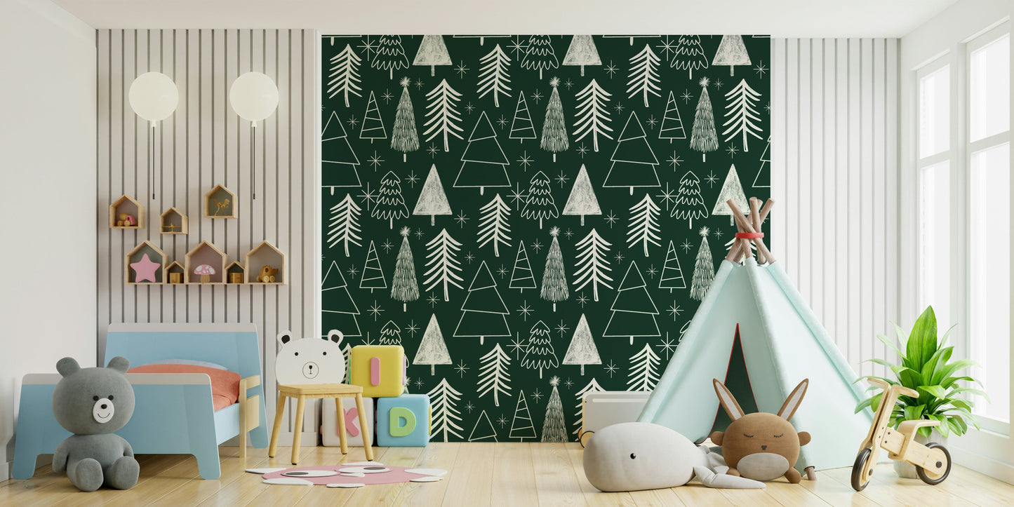 Simple white lines create a festive Starry Evergreen peel and stick wallpaper.