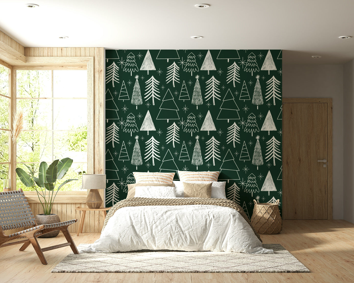 Stylish Starry Evergreen wallpaper for walls for modern holiday interiors.
