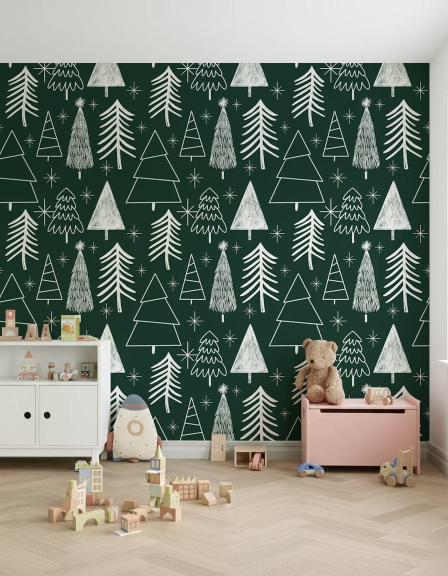 Seamless repeat of Starry Evergreen trees and snow sparkle motifs.