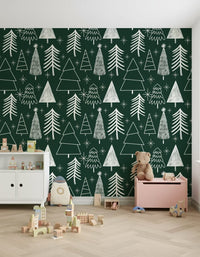 Seamless repeat of Starry Evergreen trees and snow sparkle motifs.