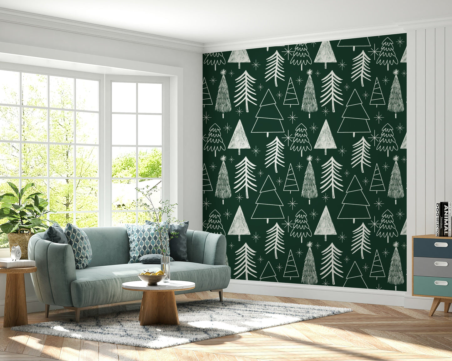 Dark forest green Starry Evergreen print, mid-century inspired pattern.