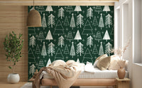 White sketched pines on Starry Evergreen $\text{wallpaper for walls}$ surface.