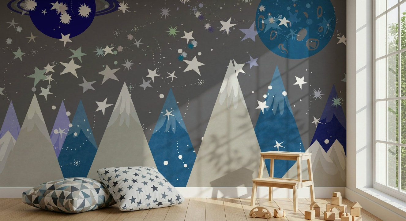 A beautiful starry night wallpaper mural with subtle mountain peaks in the foreground.