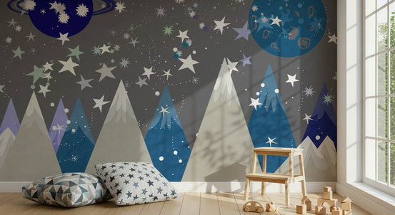 A beautiful starry night wallpaper mural with subtle mountain peaks in the foreground., GD5714