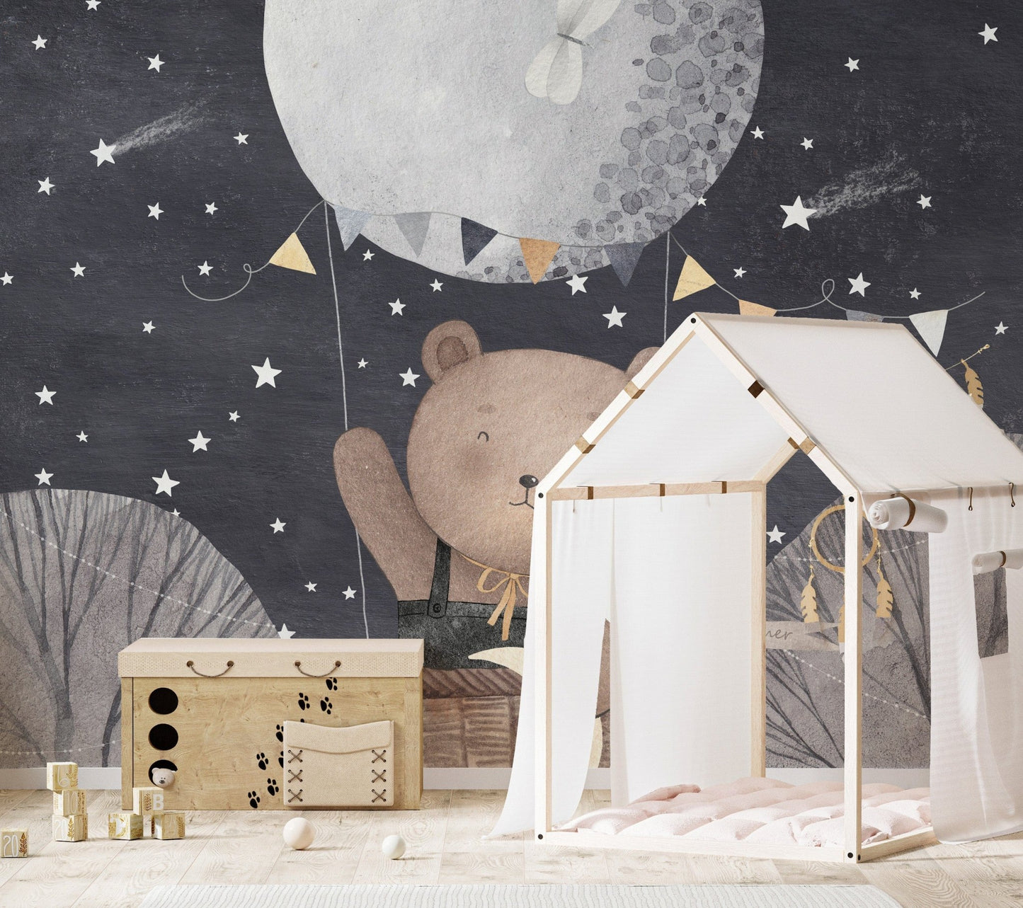Starry bear balloon wall design
