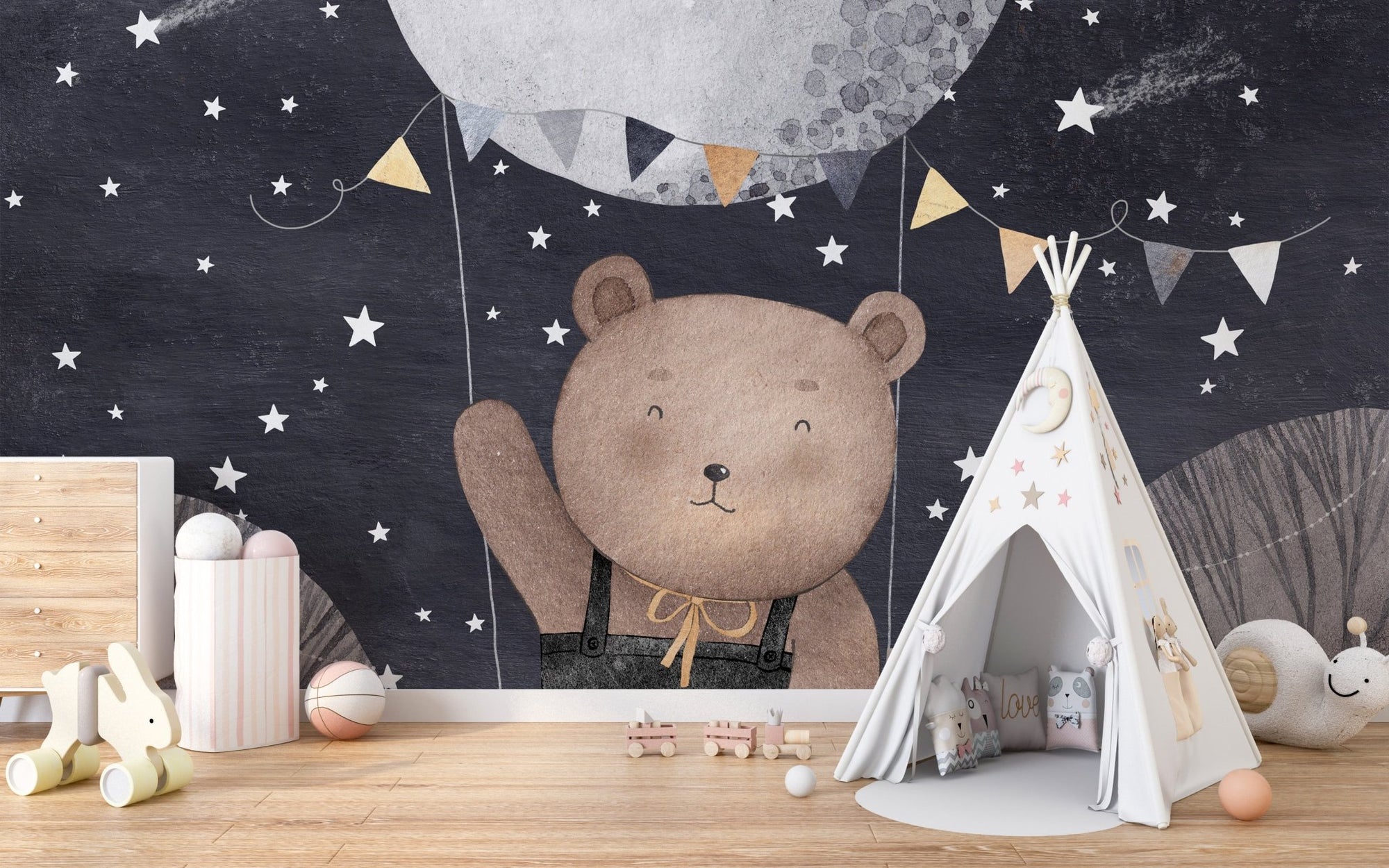 Bear balloon night sky wall mural, B329