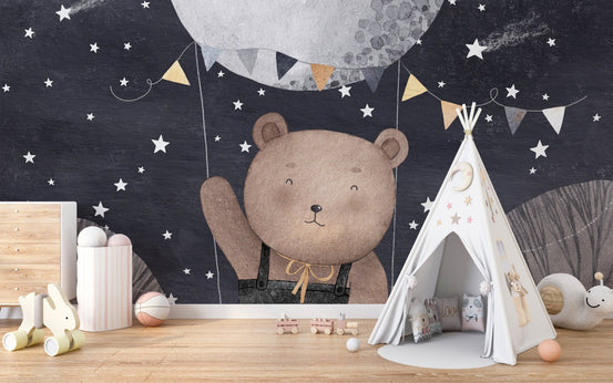 Bear balloon night sky wall mural, B329
