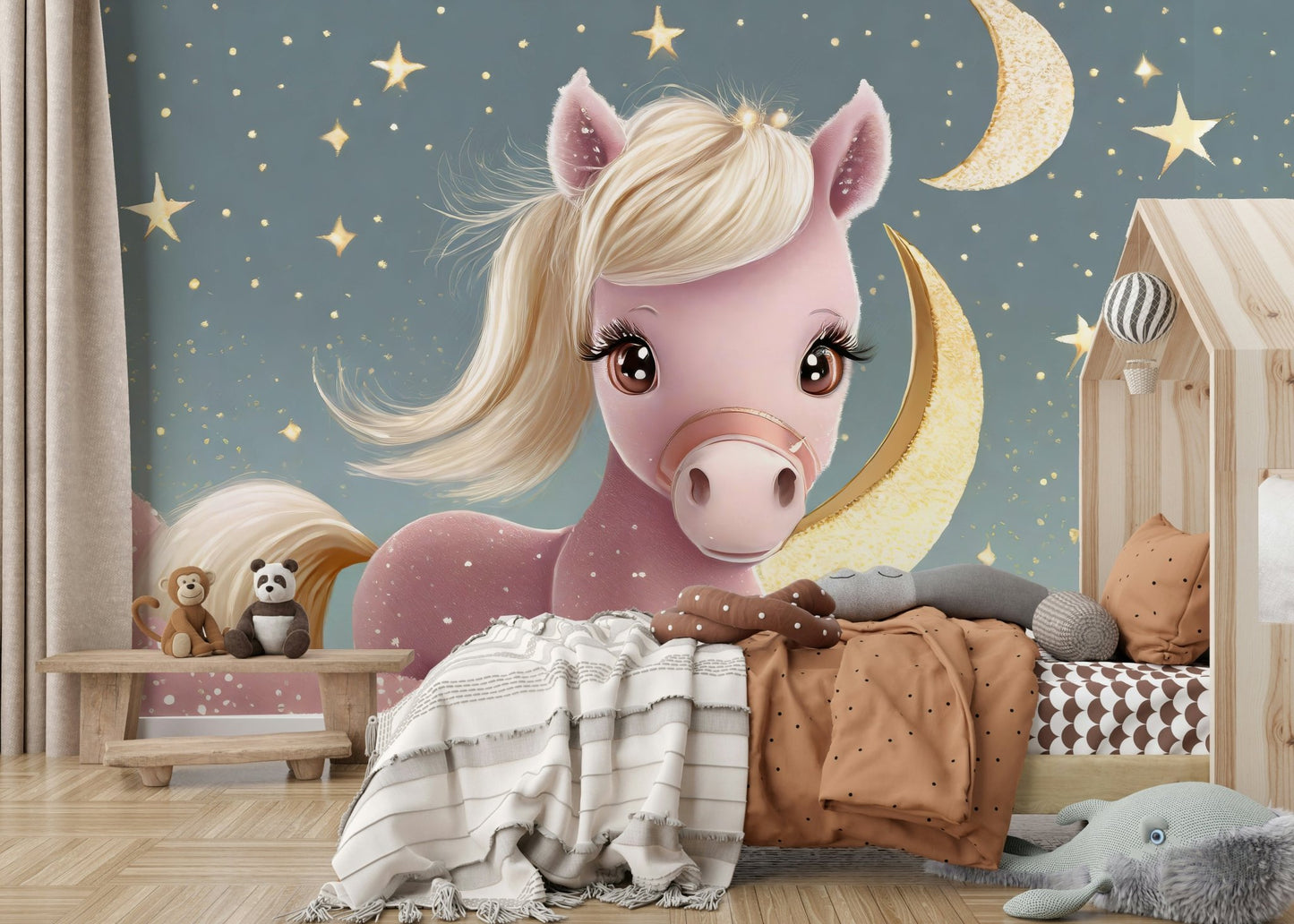 Enchanting pony and moon mural for kids' nursery walls

