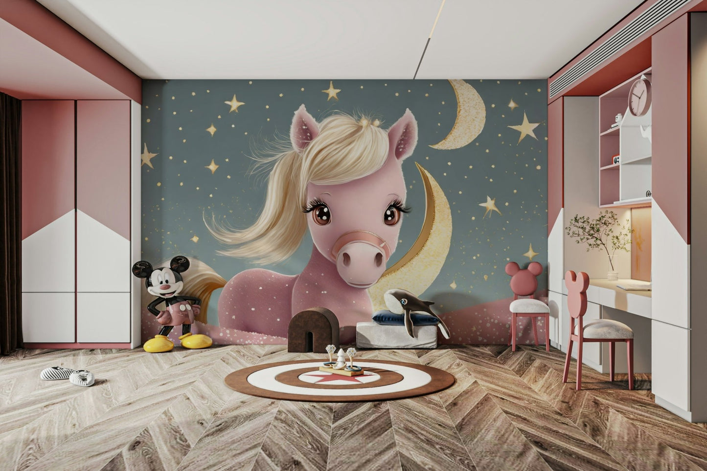 Dreamy pony under the moon mural for children’s decor


