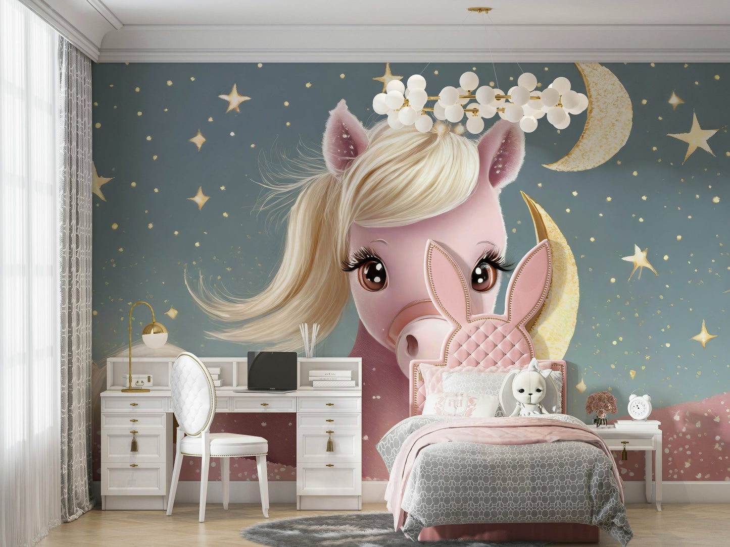 Whimsical Starry Night Lullaby mural with pony and stars

