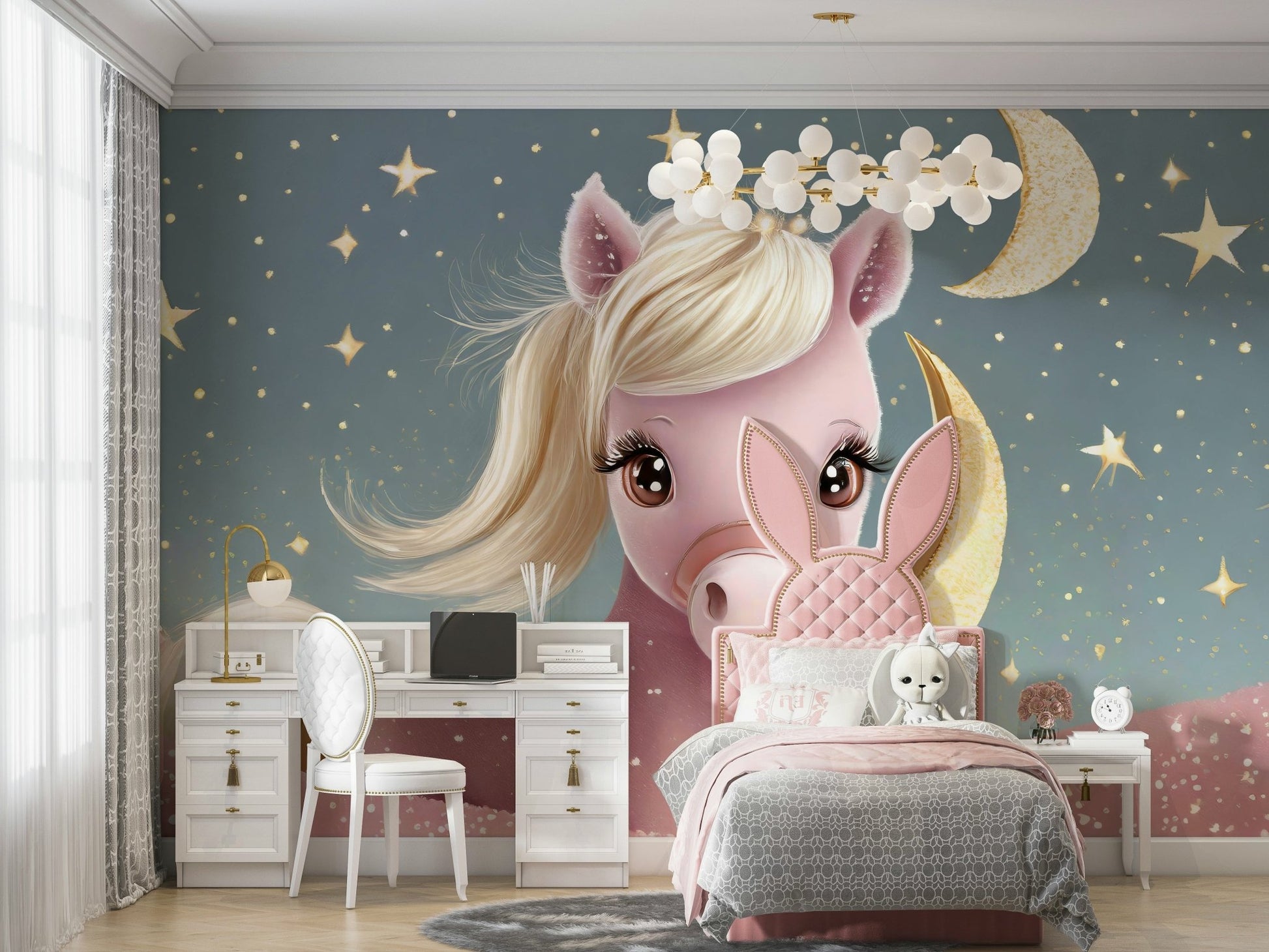 Whimsical Starry Night Lullaby mural with pony and stars

