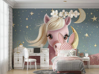 Whimsical Starry Night Lullaby mural with pony and stars


