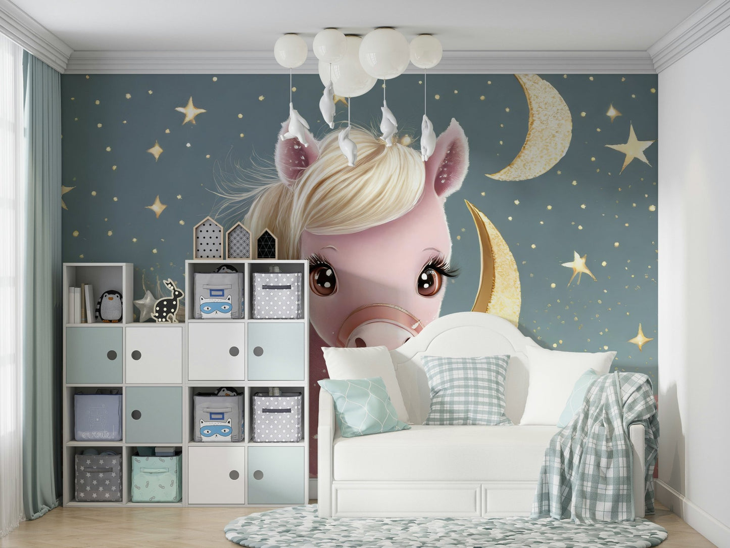 Magical Starry Night Lullaby mural with pony and stars

