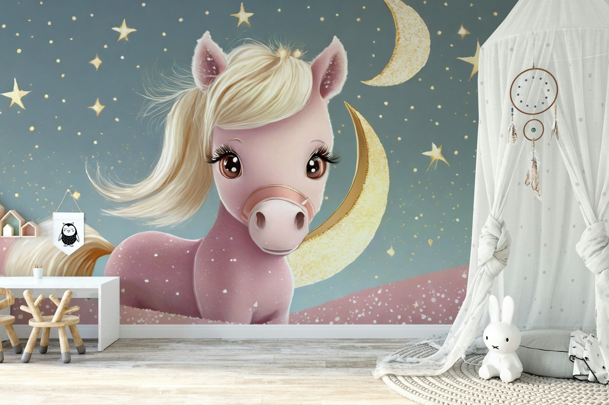 Calming pony and moon design Starry Night wall mural

