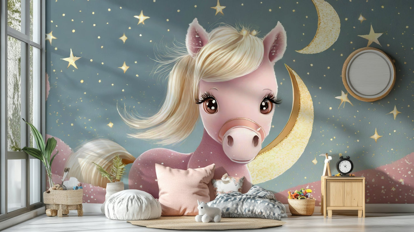 Serene pony under the moon Starry Night mural for bedrooms

