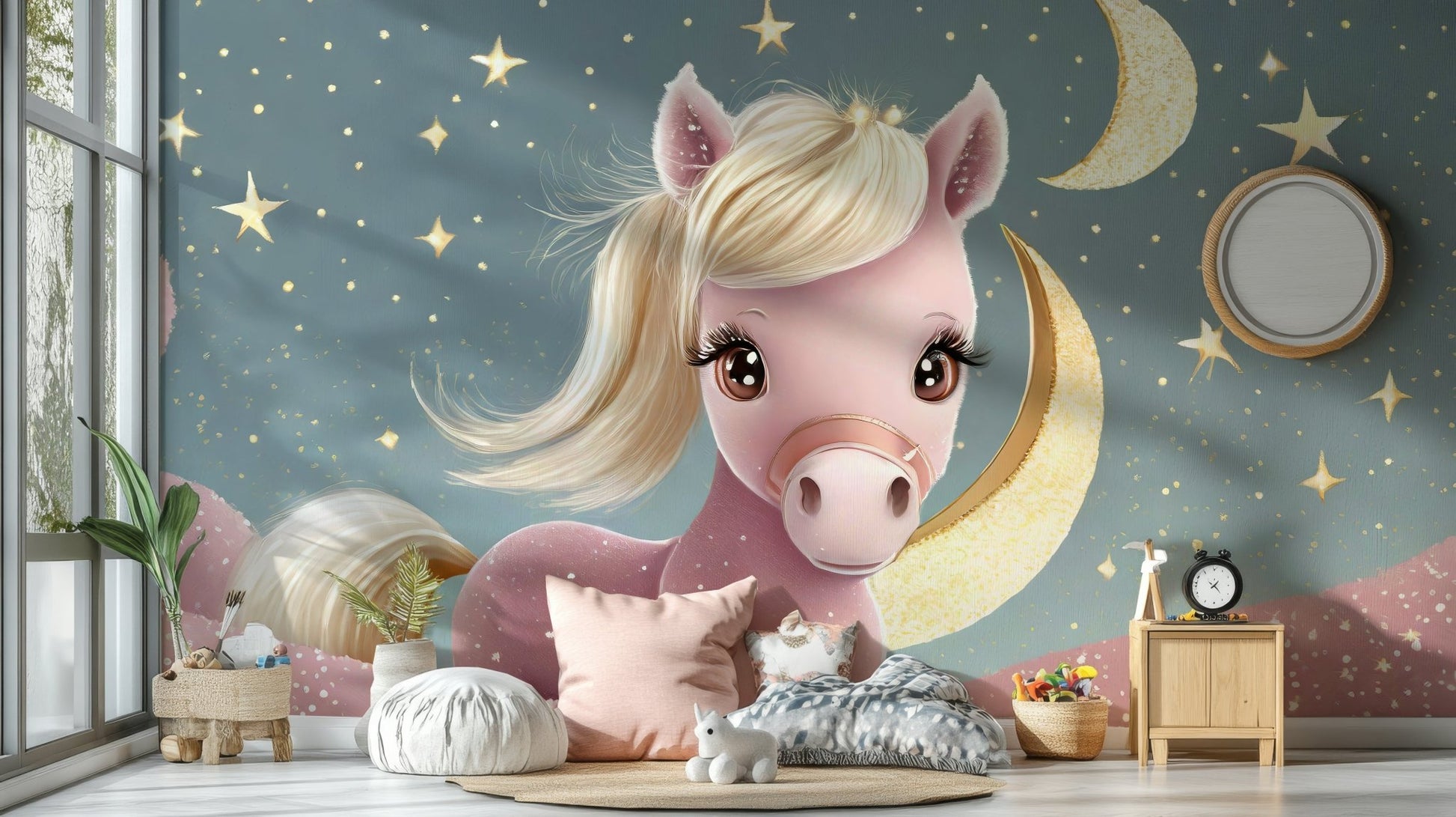Serene pony under the moon Starry Night mural for bedrooms

