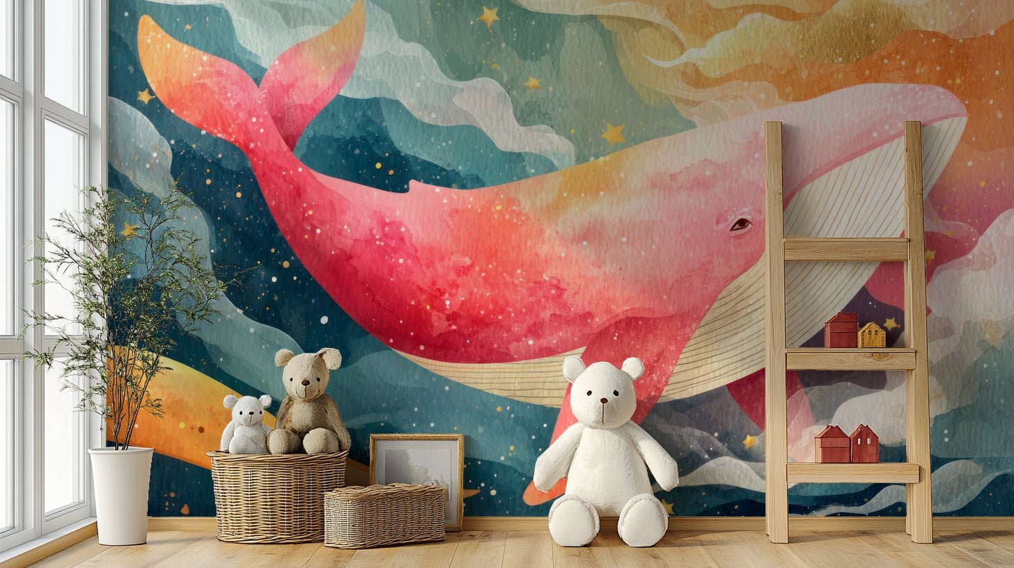 Starry Ocean Whale wall mural on bedroom wall, GD1125
