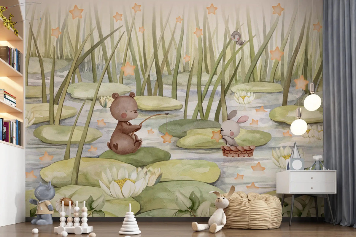 Kids room with Starry Pond Wall Mural and lily pad scene, GD9199