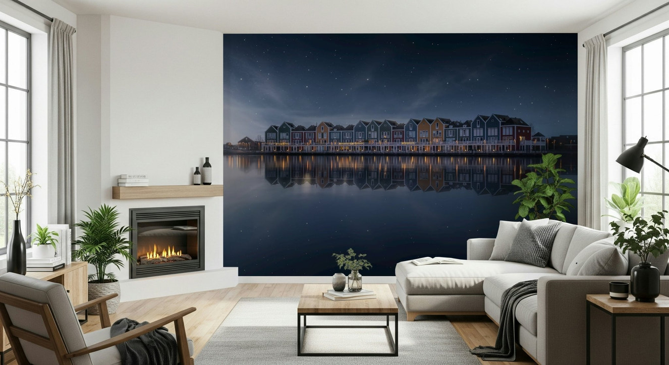 A beautiful abstract starry sky wallpaper mural with subtle reflections.